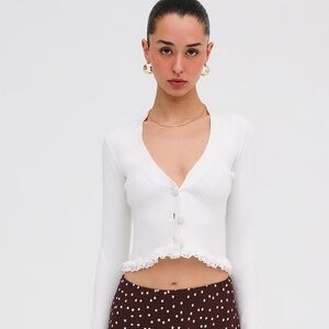 For Love & Lemons White Ribbed Cardigan with Lace Trim